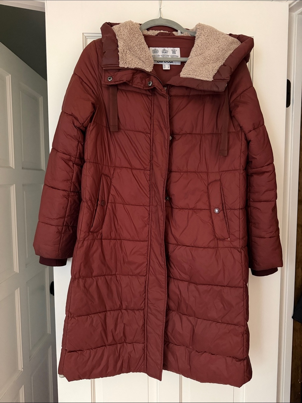 Barbour Quilted Long Puffer Coat in Rust